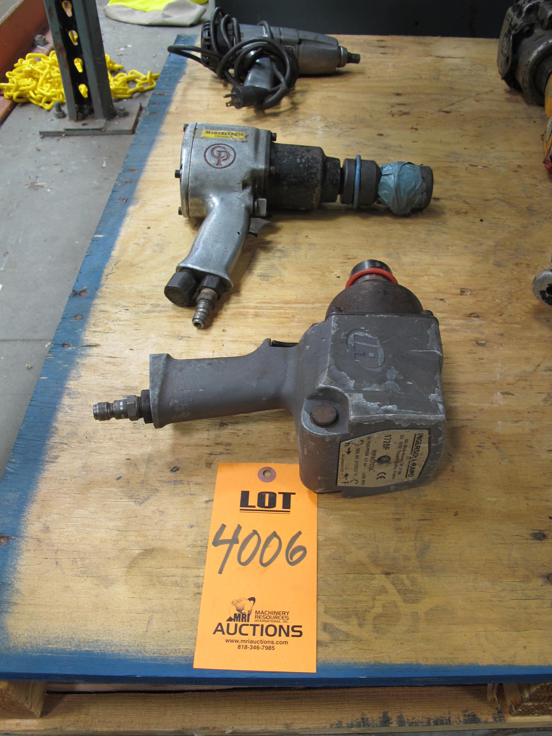 LOT TO INCLUDE: (1) INGERSOLL RAND IMPACT TOOL, MODEL# 1720P, 90 PSIG/P MAX, 5500 RPM, (1) CHICAGO PNEUMATICS IMPACT TOOL, MODEL # C93120008, (1) INGERSOLL RAND, 1/2 IN IMPACT TOOL, MODEL# 8053MOD.C. LOADING & HANDLING FEE $5-4006